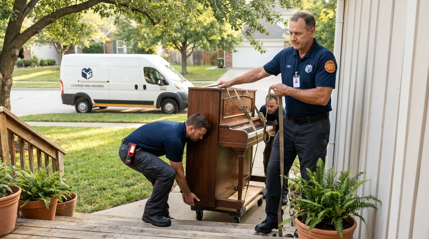 Licensed piano movers securing grand piano in Springview, NE