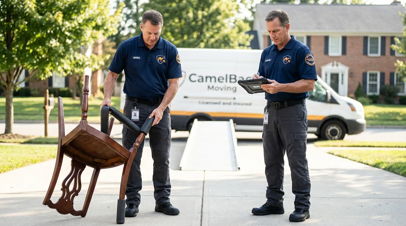 Movers inspecting furniture for damage prevention before loading in Springview, NE