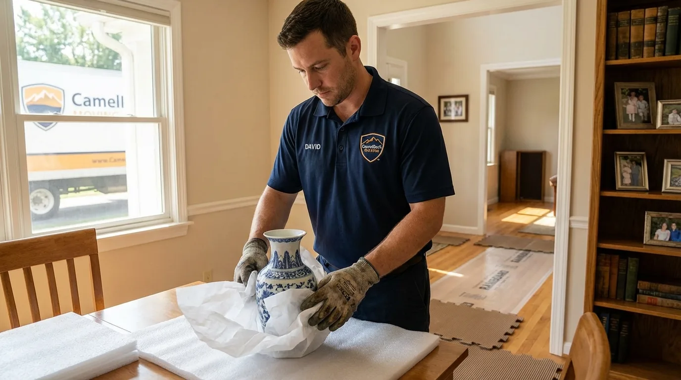 Professional crew carefully wrapping antique vase for senior downsizing move in Springview, NE